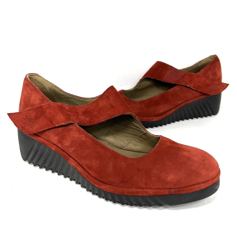 Fly London Lyka Wedge Mary Jane Loafer In Red Silky Suede Size 38
